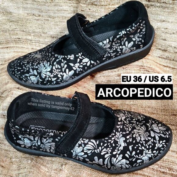 Arcopedico Shoes - Arcopedico Cosmo Mary Jane Shoes Black Silver Floral Size EU 36 US 6